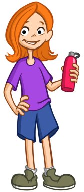 Smiling girl holding water container bottle canteen clipart