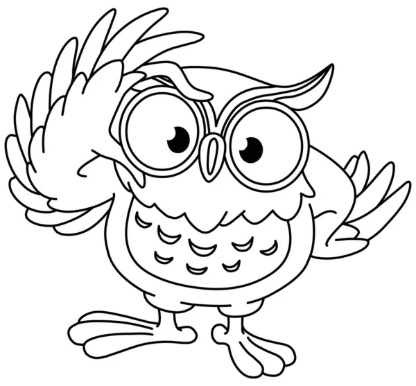 フクロウが眼鏡に触れる ベクトルラインアートイラストぬりえページ — ストックベクタ