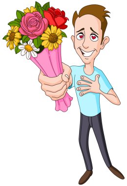 Çiçek buketi veren adam