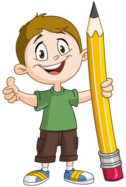 Niño sosteniendo lápiz grande — Vector de stock