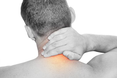 Young man having neck pain clipart