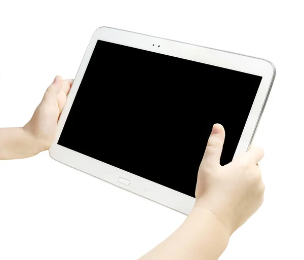 Baby bedrijf witte tablet in handen. Geïsoleerd op wit — Stockfoto