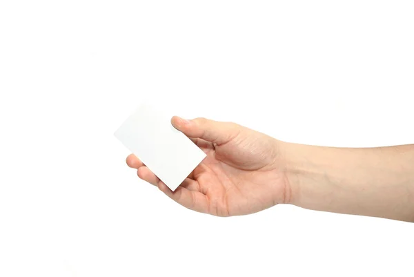 Hand with business card isolated on white Stock Photo