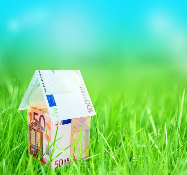 Huis vanaf euro op groen gras — Stockfoto