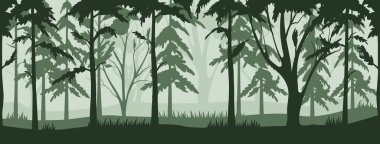 Siluet sihirli sisli orman.