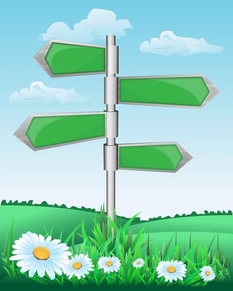 Signpost on the meadow with flowers — Stock Vector