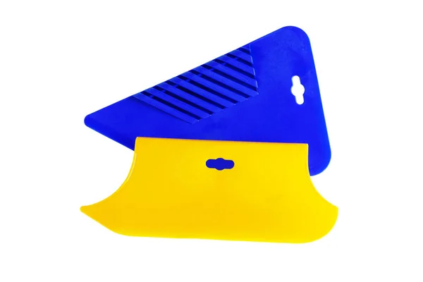 Geel Blauw Plastic Spatel Voor Behang Een Close Geïsoleerd Witte — Stockfoto