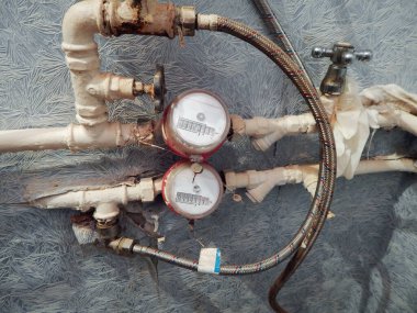 Eski su boruları ve su sayaçları. Apartmanda tesisat var..