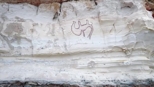 岩の上にラクダの絵を描く カスピ海のロッキー海岸 2019年7月16日 カザフスタン マンギスタウ地方 — ストック動画