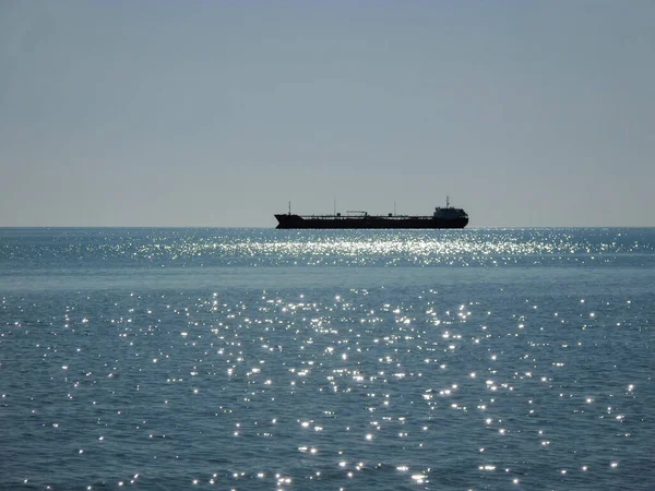 Silueta Barco Mar Petrolero Mar Caspio Kazajstán Región Mangistau Octubre —  Fotos de Stock