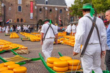 Alkmaar, Hollanda - 7 Eylül 2012: Hollanda 'nın ünlü peynir pazarında birçok peynirle yürüyen taşıyıcılar. Olay Waagplein Meydanı 'nda gerçekleşiyor..