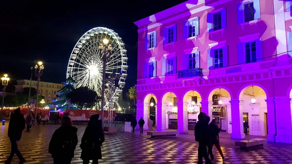 Nice França Dezembro 2019 Pessoas Andando Praça Massena Decoradas Para — Fotografia de Stock
