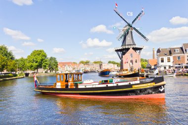 Tipik yel değirmeni ve ortaçağ mimarisi, Haarlem, Hollanda