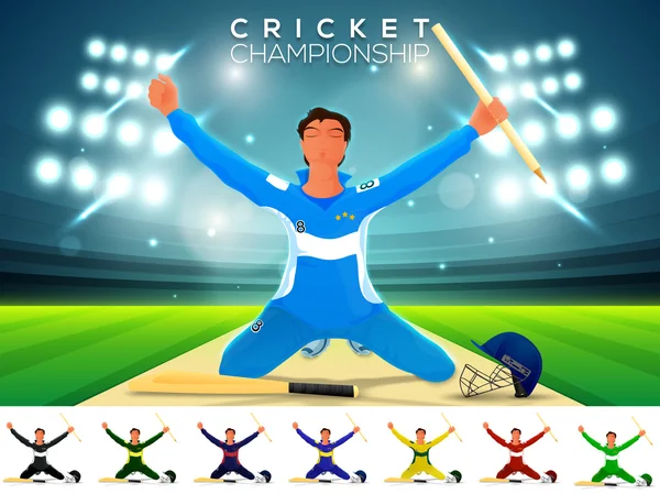 Cricket kampioenschap concept met speler. — Stockvector