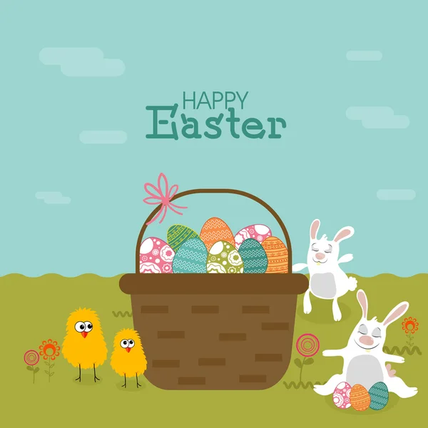 Œufs de Pâques colorés dans le panier avec des lapins et des poussins . — Photo