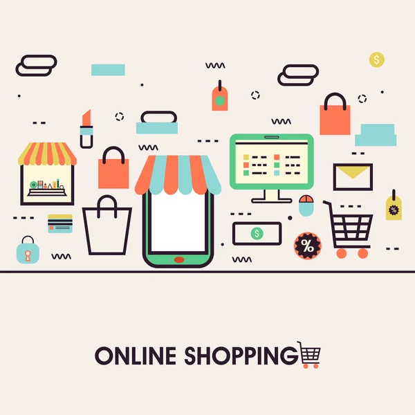 Ilustração plana de compras on-line no telefone móvel . — Vetor de Stock