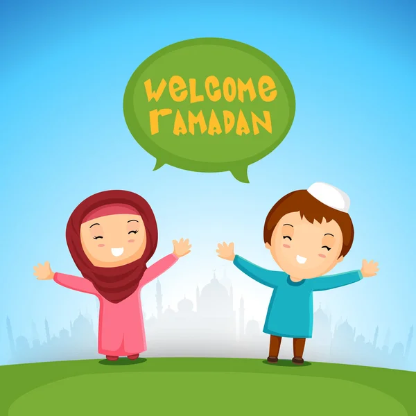 Islamiska barn välkomna Ramadan Kareem. — Stock vektor