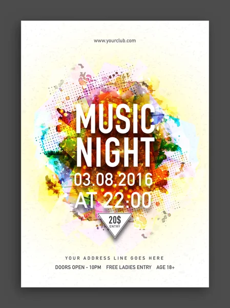 Muziek nacht partij sjabloon, banner of flyer ontwerp. — Stockvector