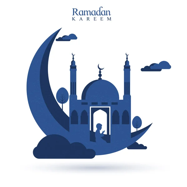 Luna azul 3D con mezquita para Ramadán . — Vector de stock