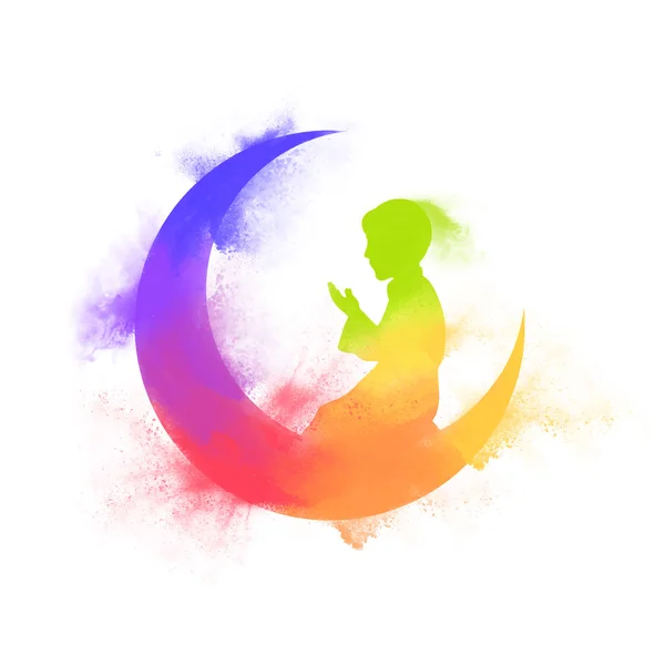 Luna colorida con niño rezando por Ramadán . — Vector de stock