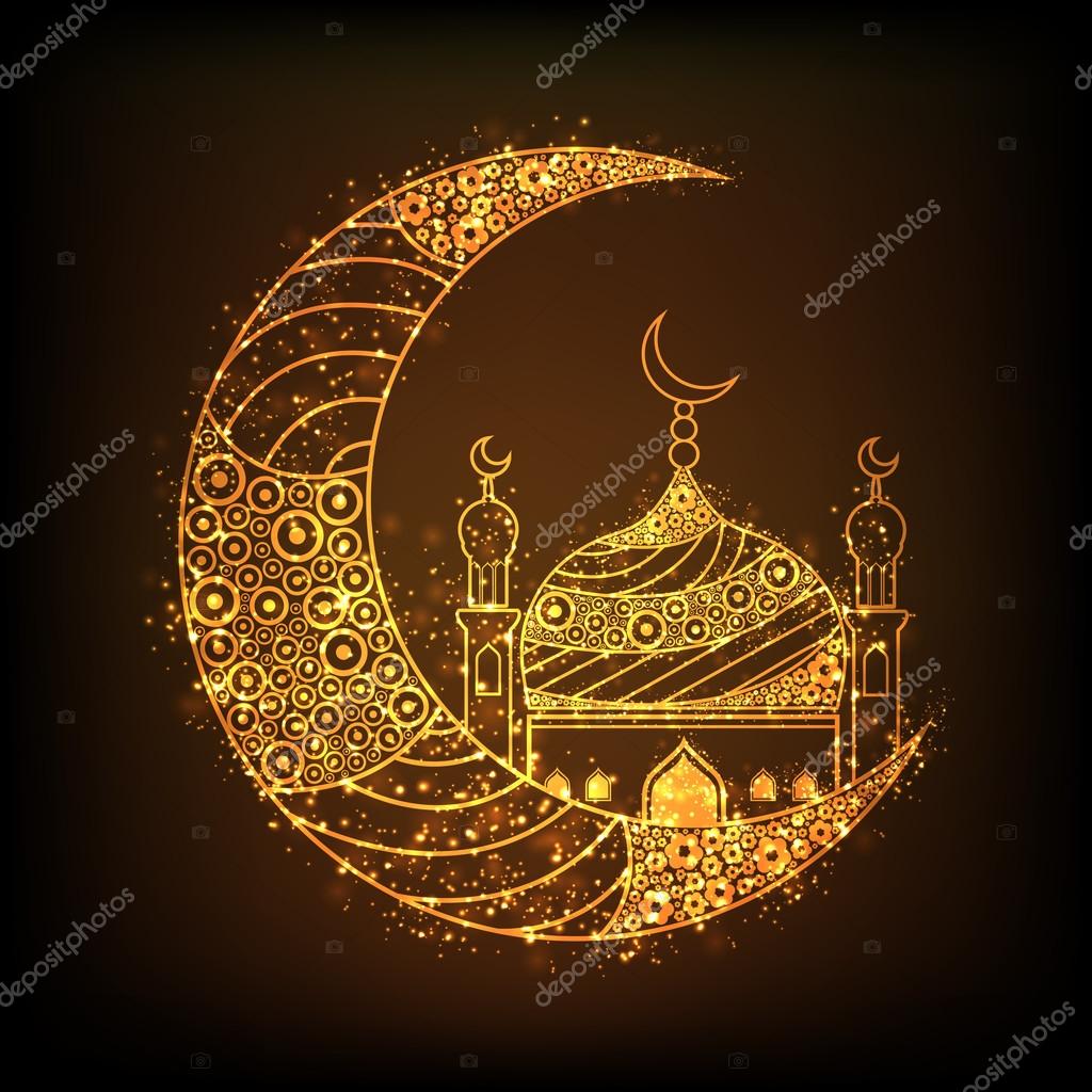 Golden Moon with Mosque for Islamic Festivals celebration. Stock ...