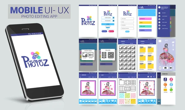 Ui, ux und gui für mobile Apps zur Bildbearbeitung. — Stockvektor