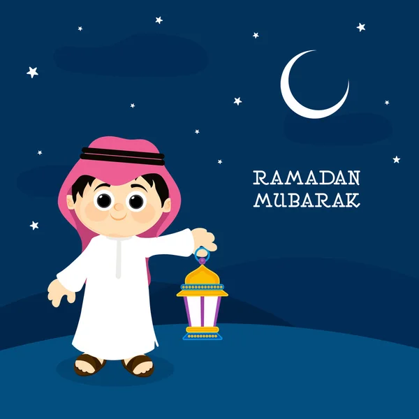 Islamski chłopiec z latarnią Ramadan Mubarak. — Wektor stockowy