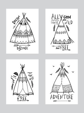 Boho style cards with wigwam or teepee. clipart