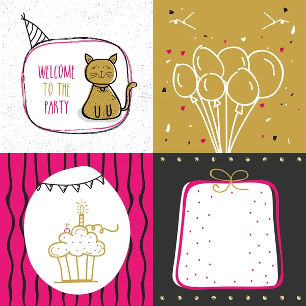 Set of hand drawn Party Cards with Doodle elements. — Stock Vector