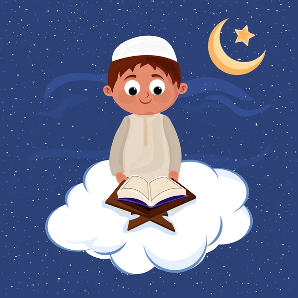 Niño leyendo Corán Shareef para el Festival Islámico . — Vector de stock