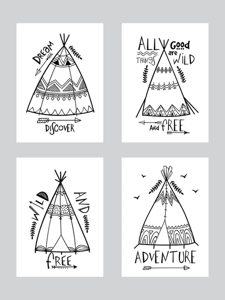 Kızılderili çadırı veya teepee ile Boho tarzı kartları. — Stok Vektör