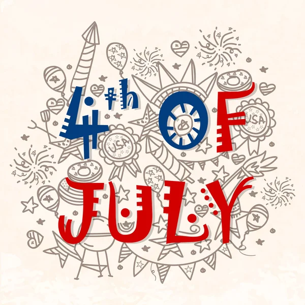Texte créatif avec éléments Doodle pour le 4 juillet . — Image vectorielle