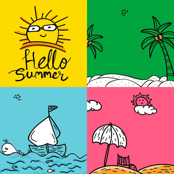 Színpompás nyári üdvözlőlapok készlet Doodle stílusban. — Stock Vector