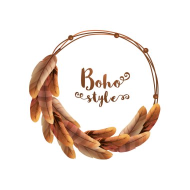 Parlak etnik tüyleri ile Boho tarzı çerçeve.