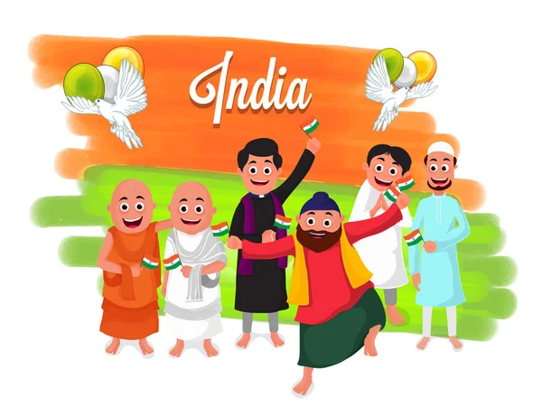 Menschen verschiedener Religionen zum indischen Unabhängigkeitstag. — Stockvektor