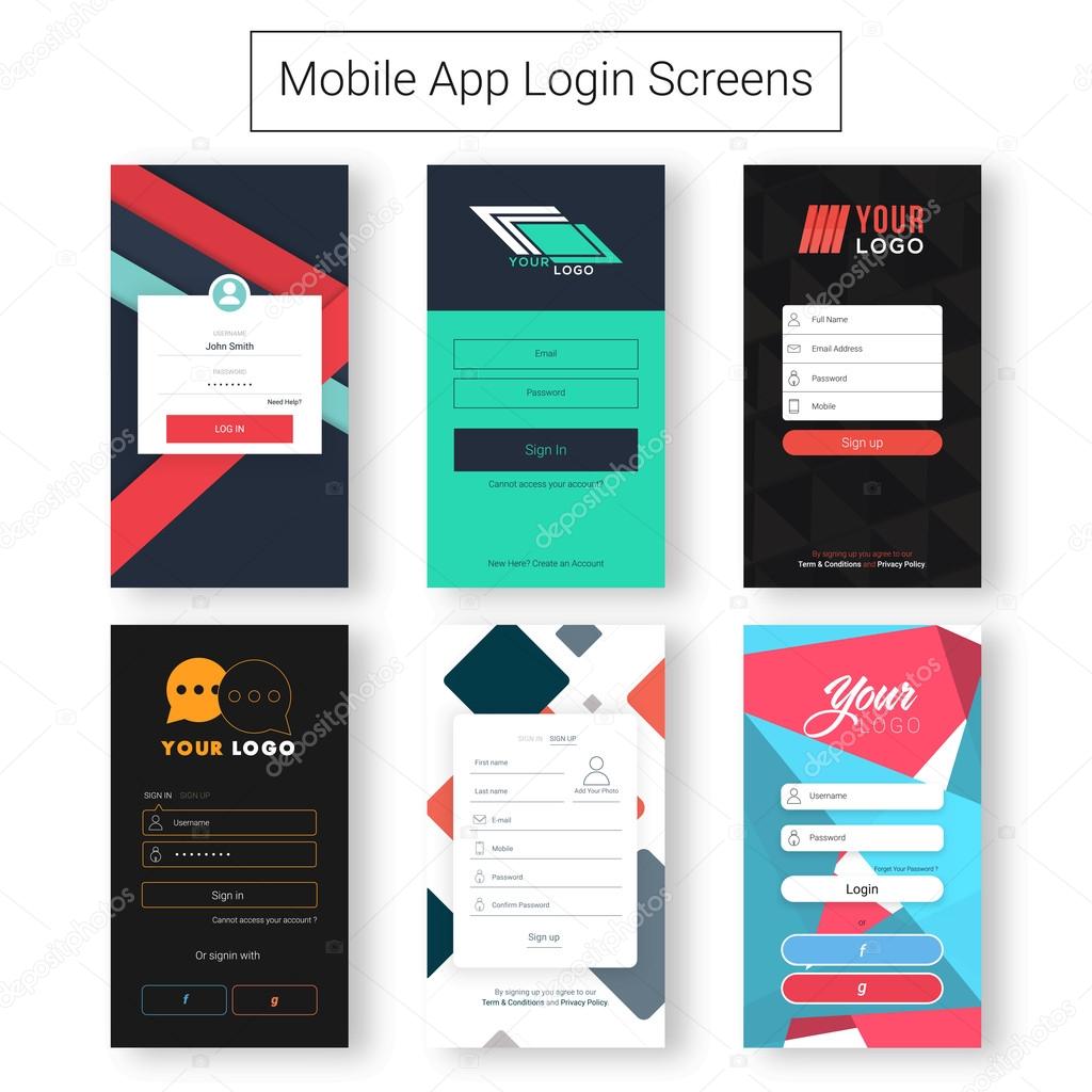 Set of six creative login Screens Material Design, UI, UX and GUI template layout with different Account Sign In and Sign Up features for e-commerce and responsive website.