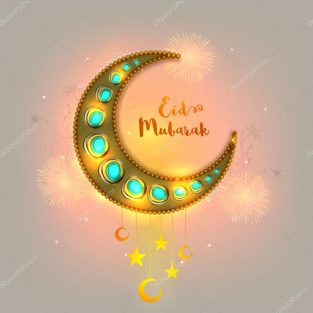 Greeting Card with Glowing Moon for Eid Mubarak. Stock Vector by ...