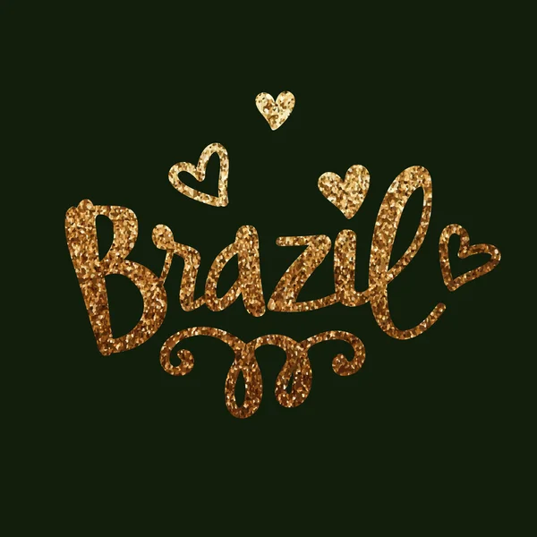 Brillante texto dorado Brasil con corazones . — Vector de stock