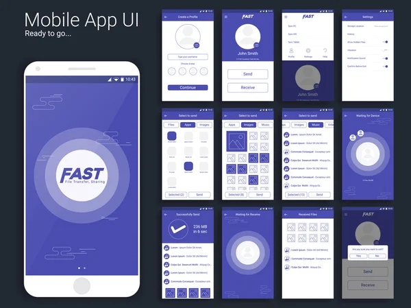 Transferência e compartilhamento de arquivos Mobile App UI layout . —  Vetores de Stock