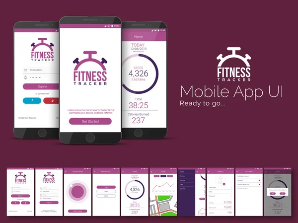 Fitness Tracker Mobile App UI, modello UX e GUI . — Vettoriale Stock