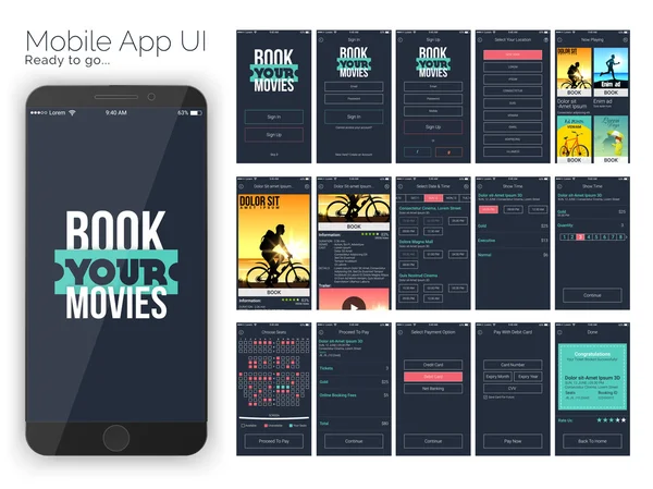 Biglietti Film online Prenotazione Mobile UI design . — Vettoriale Stock