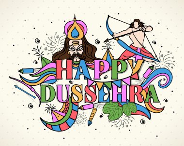 Happy Dussehra için Doodle tarzı illüstrasyon.