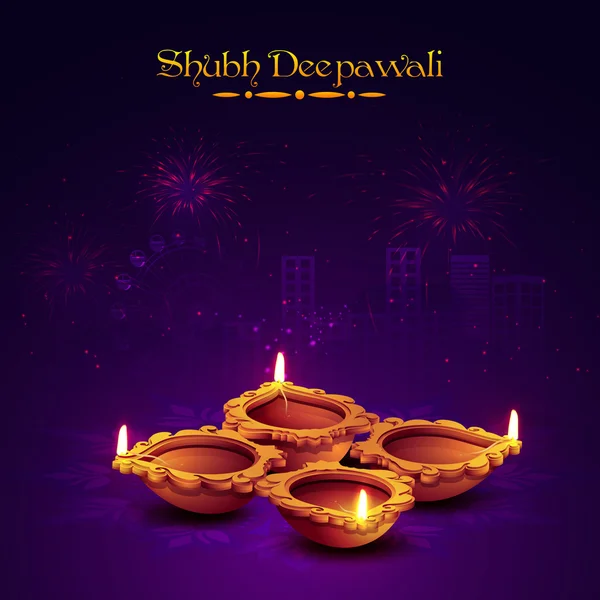 Earthen lit lamp voor Diwali viering. — Stockvector