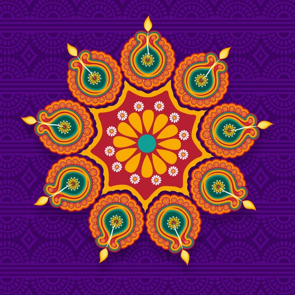 Rangoli con Lámparas Lit para Celebración Diwali . — Vector de stock