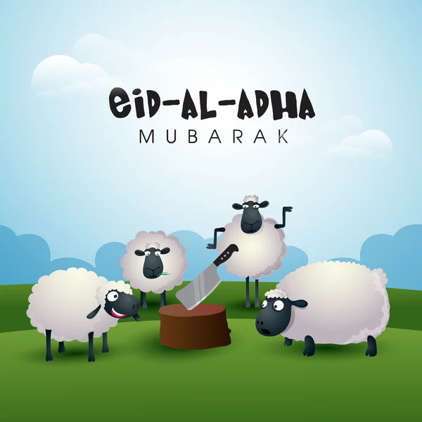 Ovejas con Bloque de Carnicero para Eid-Al-Adha Mubarak . — Vector de stock