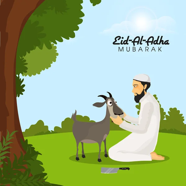 Islamitische man met geit voor Eid-al-Adha Mubarak. — Stockvector