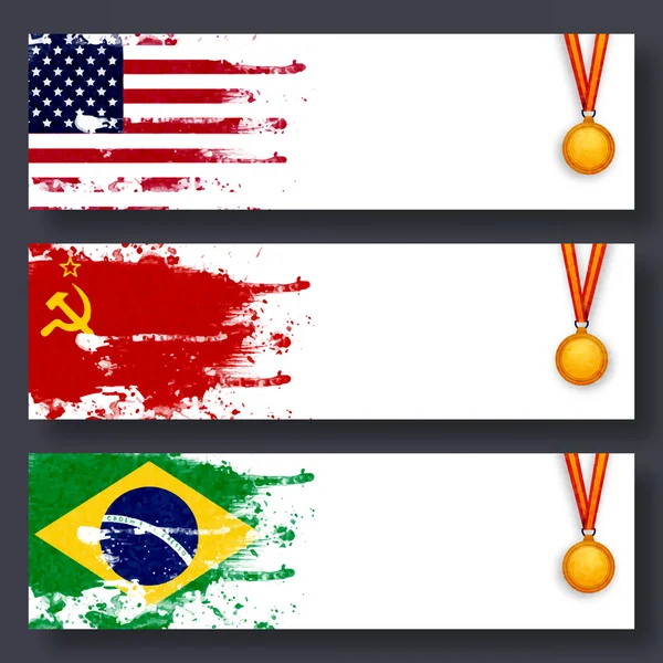 Encabezado del sitio web con banderas y medallas para deportes . — Archivo Imágenes Vectoriales