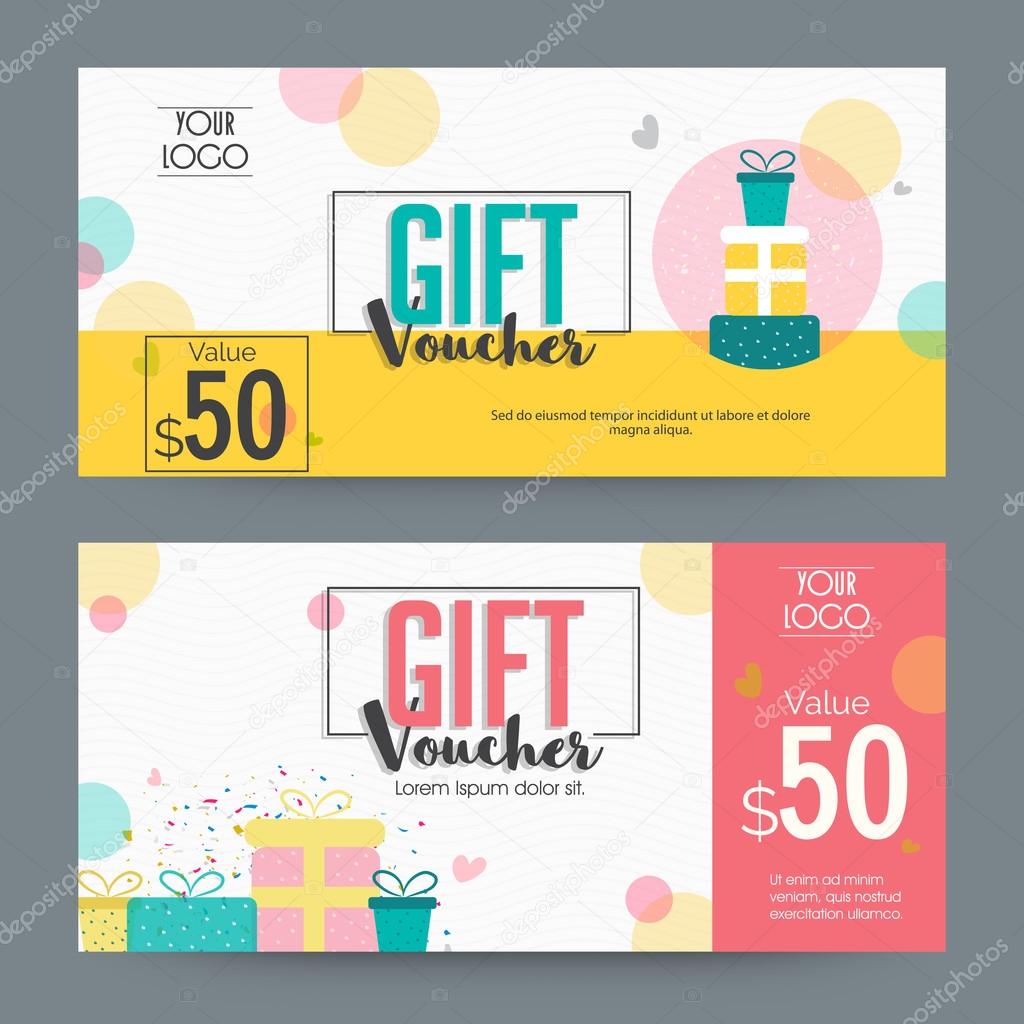 Creative Gift Voucher, Certificate or Coupon design template layout with illustration of colorful wrapped gifts.