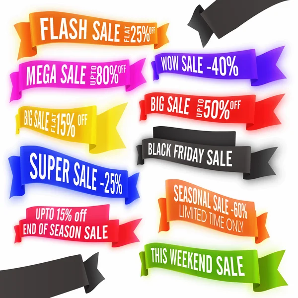 Set of glossy colorful Sale and Discount Ribbon. — Stock Vector