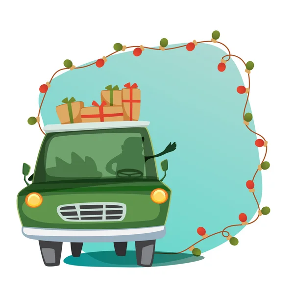 Festlig bakgrund med grön bil full av gåvor. — Stock vektor